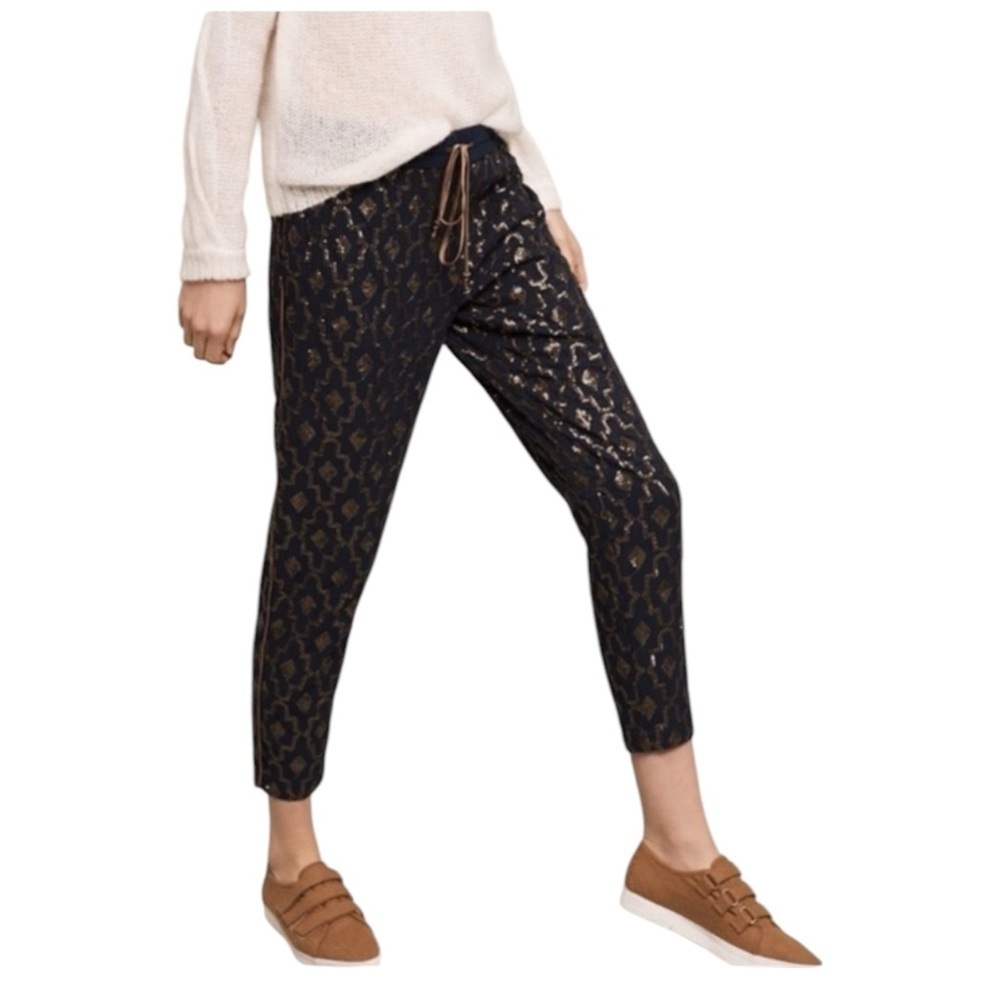 Anthropologie Siddah Sequin Tapered Leg Drawstring Waist Blue Pants Women Size S